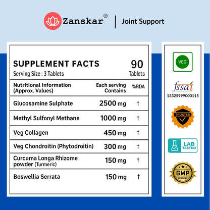 Zanskar Joint Support Supplement (60 Tablets) | 100% Veg - Glucosamine, Chondroitin, MSM, Collagen & Curcumin (4500mg) | Supports Joint Comfort, Flexibility & Mobility