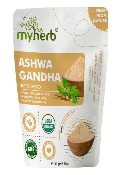 MYHERB 100% Pure Natural Organic Ashwagandha Powder || 100 Gm || Withania Somnifera || Ayurvedic Formula || Support for Stress-free Living- For Men And Women