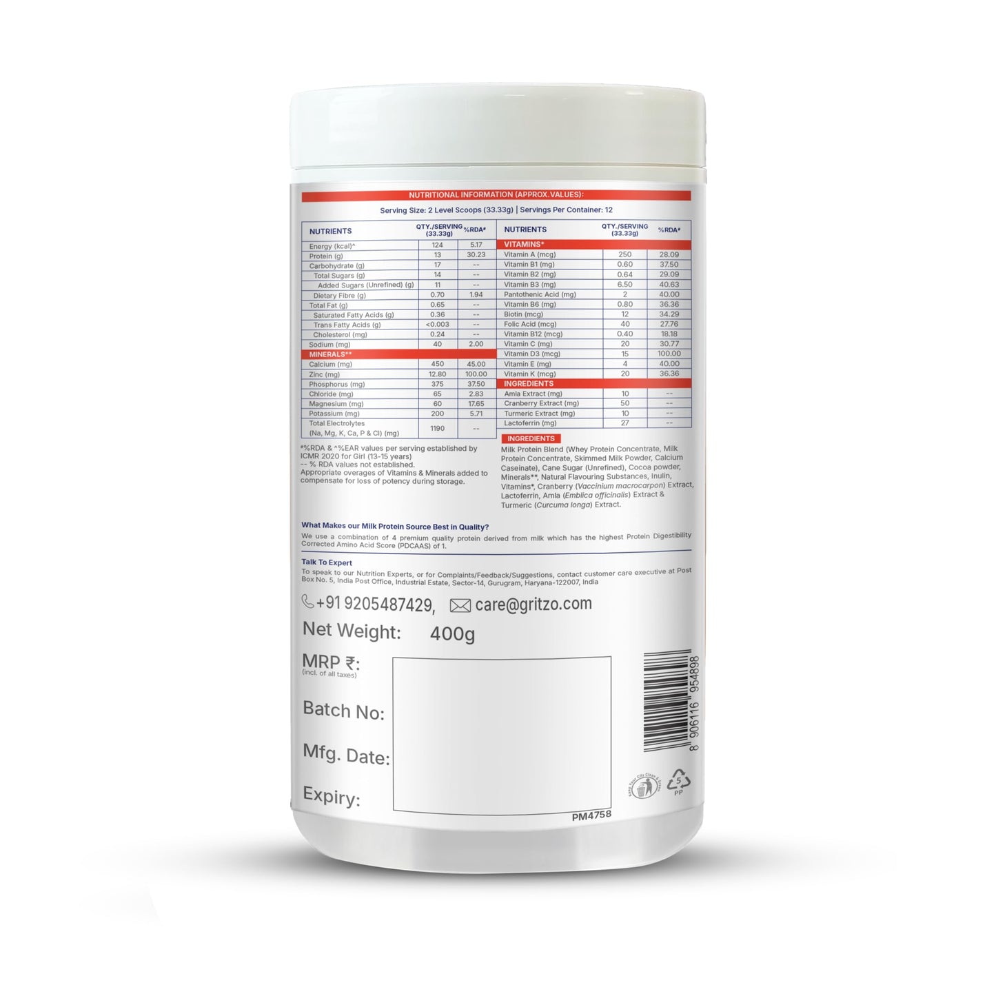 Gritzo SuperMilk Growth+ (Formerly Height+) (13+y Girls), 13g Protein Powder (Double Chocolate, 400g) with Black Panther Sipper Bottle (Black, 700ml)