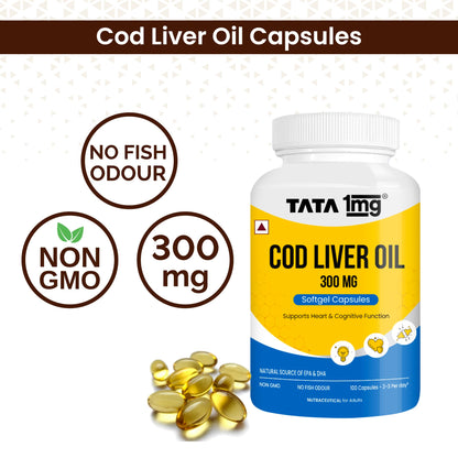 1MG Tata Cod Liver Oil Supplement with Omega 3,Vitamin A and D - 100 Capsules | Supports Heart, Brain, Joint and Vision Health | Fish Oil for Women & Men | No Fish Odour & Non-GMO