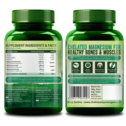 Vlado’s Himalayan Organics Magnesium Citrate + Glycinate + Oxide Complex 1660 mg Supplement For Men And Women | Boost Heart, Nerve & Muscle Health | Good For Strong Bones | Maintain Sugar Level - 120 Vegetarian Tablets