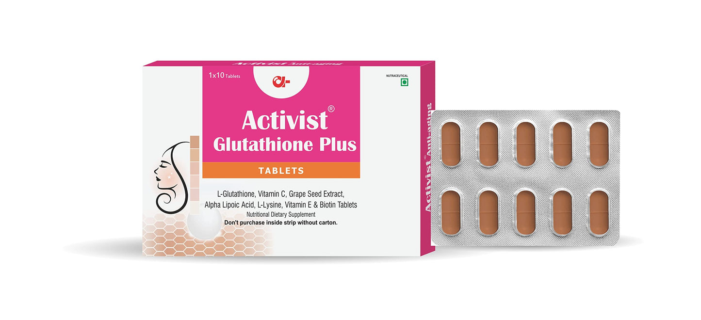 Activist Glutathione Plus Tablet with Glutathione, Vitamin C, Vitamin E & Biotin for Skin Brightening, Detox & Anti-Aging, Boosts Immunity & Energy, Nutritional Dietary Supplement (30 Tablets)