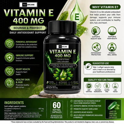 NuArcane Vitamin E 400mg Softgel Capsules | Daily Antioxidant Supplement for Healthy Hair, Glowing Skin & Anti-Aging | Prevents Wrinkles & Oxidative Stress | 60 Softgels