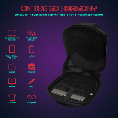 Hookaba: LED Eyes Adventure Motorcycle, Bikers Expandable Backpack India-Premium ABS & PC Hard Shell Fabric-15.6" inch Laptop-31 Ltrs | Waterproof IPX5 | 1 year Warranty (Black)