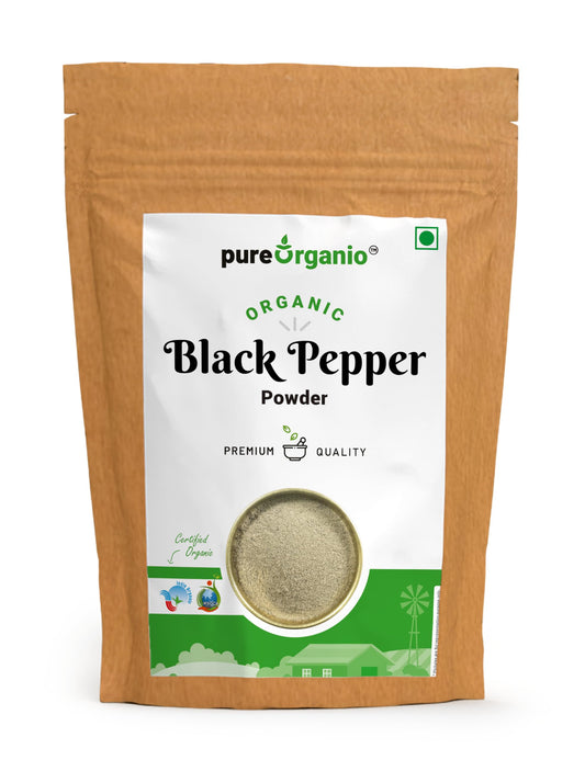 Pure Organio Organic Black Pepper Powder Kali Mirch Powder for Cooking, Salad Dressing, Vegetables - Fresh Ground Organic Spice NPOP Organic Certified (100 Gm)