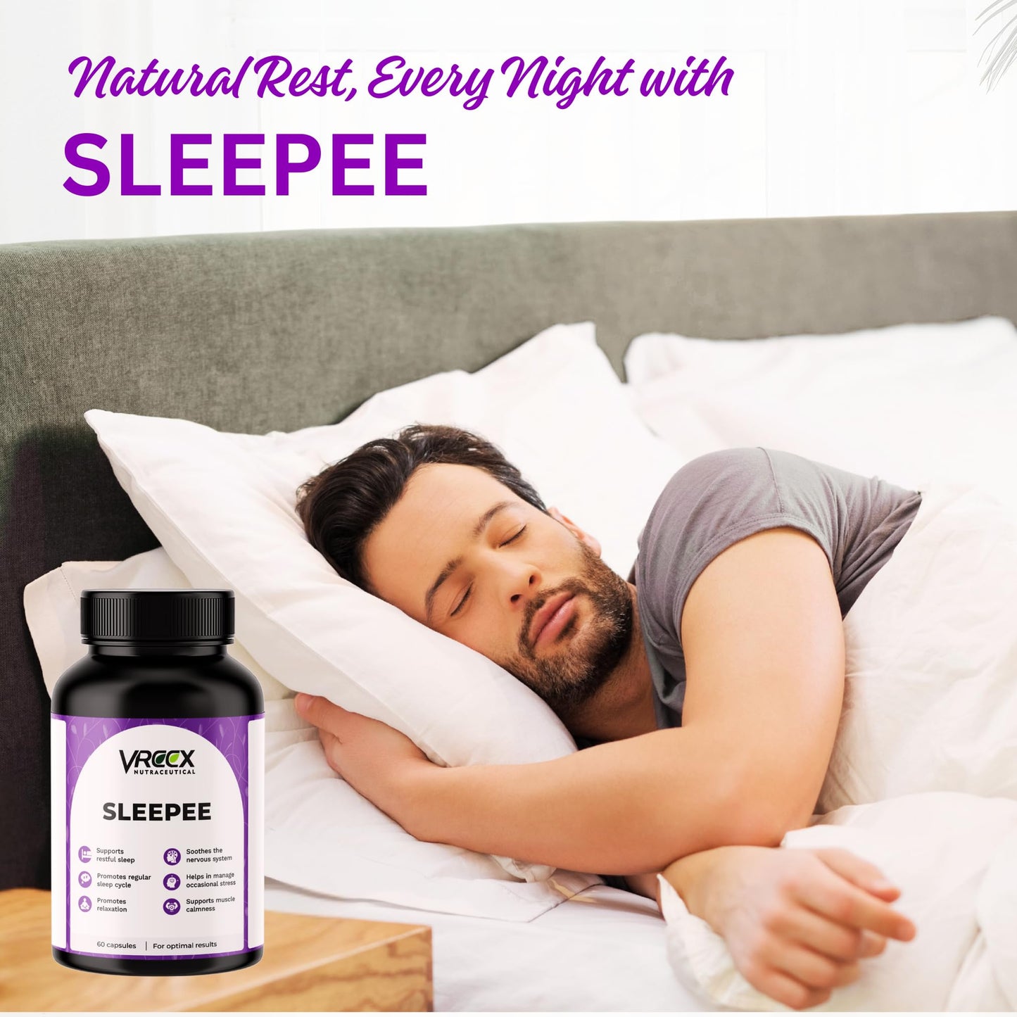 VREEX SLEEPEE with Natural Ingredients Melatonin, Valerian Root, Chamomile, L-Theanine & Magnesium Bisglycinate – Relax & Sleep Support (60 Veg Capsules)
