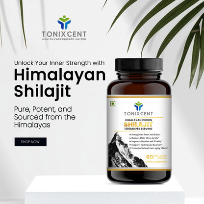 TONIXCENT Strength & Stress Relief Combo | Ashwagandha 1300mg & Shilajit 1300mg Capsules | Boosts Stamina, Reduces Stress & Enhances Vitality | 60+60 Vegan Capsules