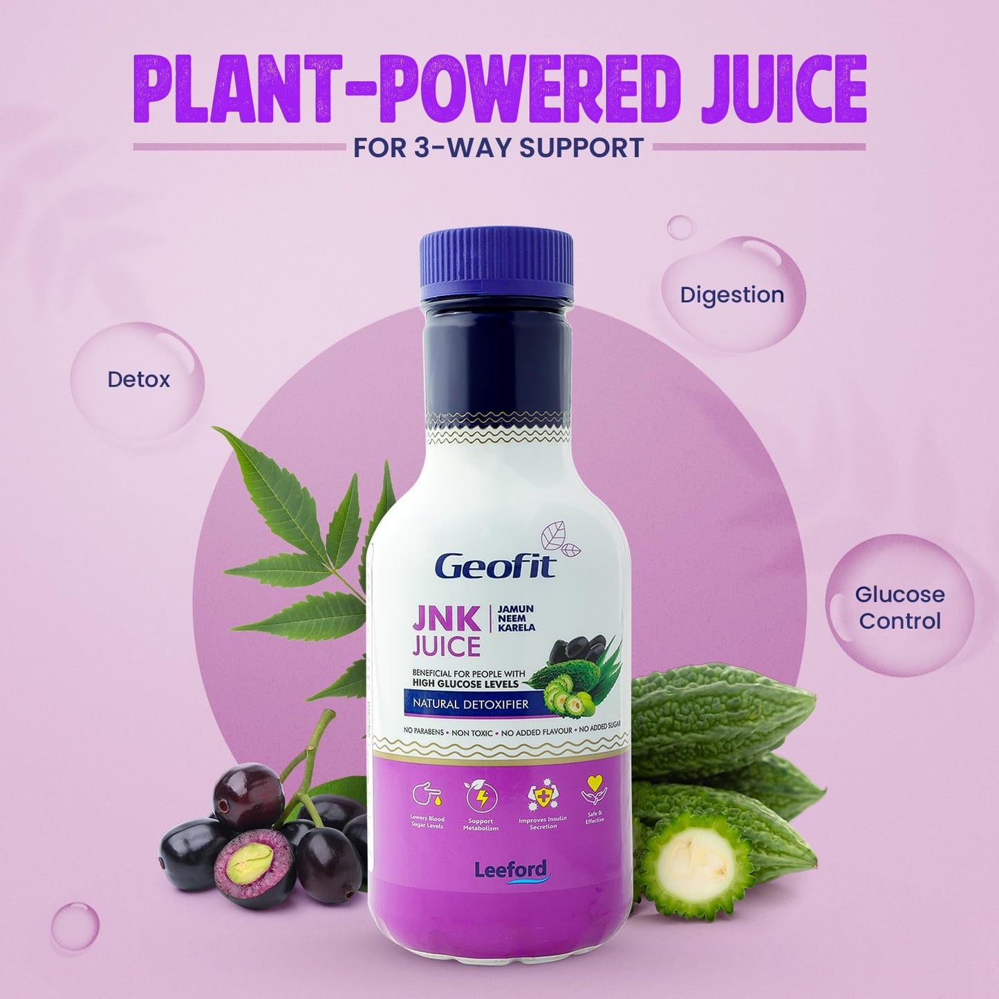 Geofit Jamun Neem Karela Juice 500ml (Pack of 2) | Ayurvedic Juice for Blood Sugar Control, Detox & Cholesterol | Natural Blood Purifier & Gut Cleanser | Supports Metabolism, Weight Management & Diabetic Care | No Sugar, No Parabens, Non-Toxic