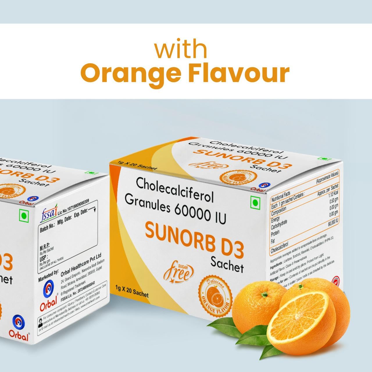Orbal Vitamin D3 60000 IU - Cholecalciferol Vitamin D Supplement powder for Women & Men | Orange Flavour | Strong Bones | Calcium Absorption | Boosts Immunity | 20 Sachets,