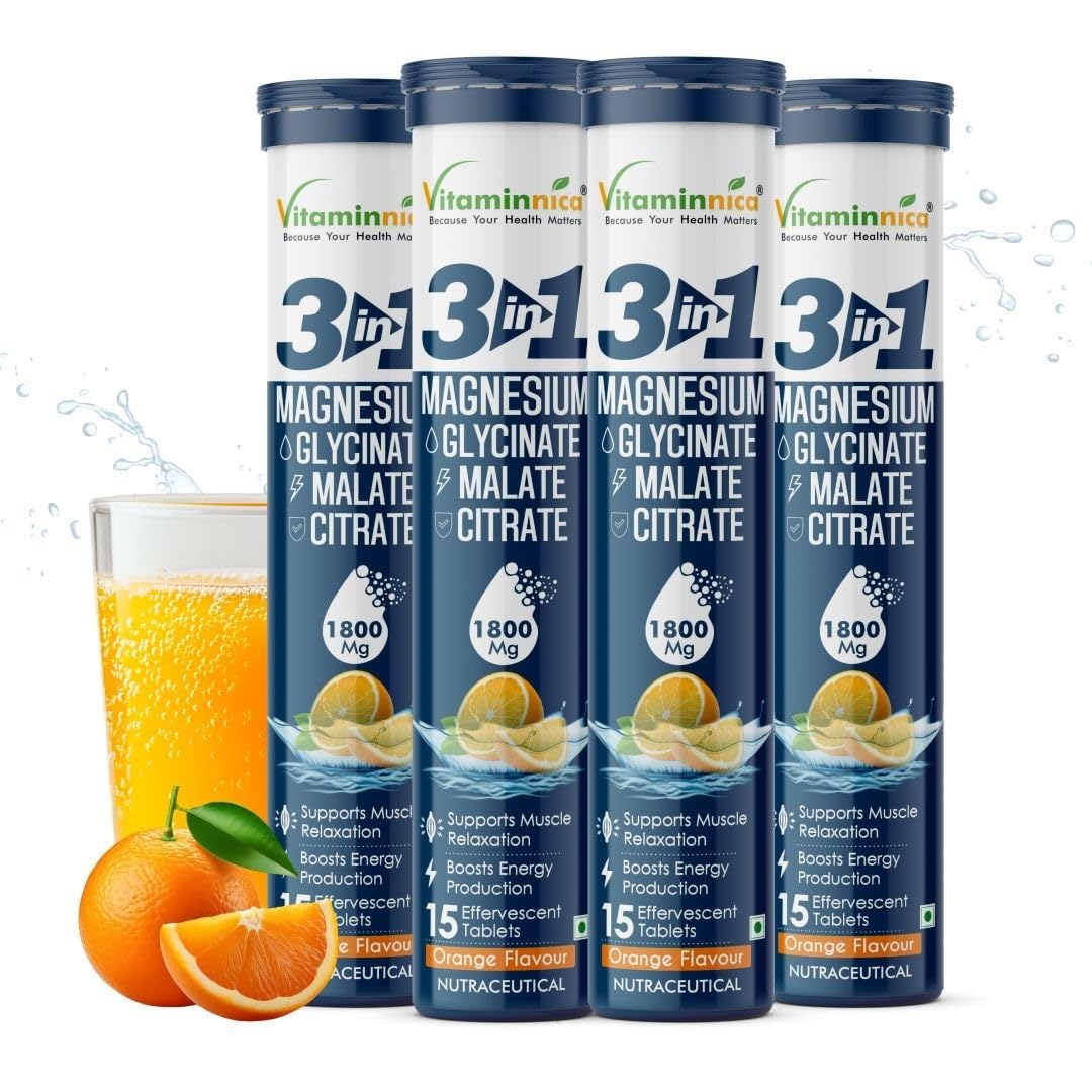 Vitaminnica Magnesium 3-in-1 Effervescent Tablets – Malate, Glycinate & Citrate Blend for Muscle Function, Relaxation & Daily Wellness – Orange Flavor – 15 Tablets (Pack of 4)