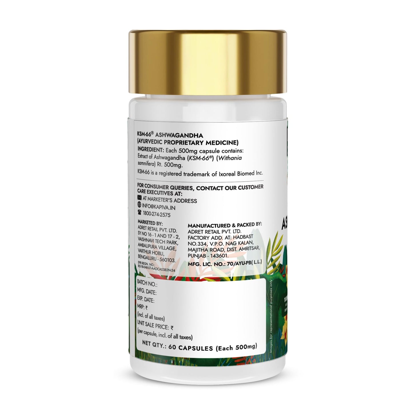 Kapiva KSM-66 Ashwagandha (500mg) | Clinically Proven with 5% Withanolides | 100% Root Extract | Supports Cortisol Balance, Strength & Vitality | Natural Stress Relief | 60 Veg Capsules