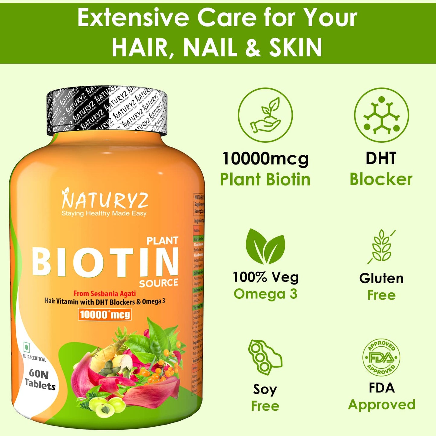 NATURYZ 100% Plant Based Biotin Tablets with High Protein Vitamin DHT Omega 3 for Strong Hairs Nails Growth Glowing Skin & Calcium Plus with Vitamin D Magnesium Zinc Supplement for Bone Health