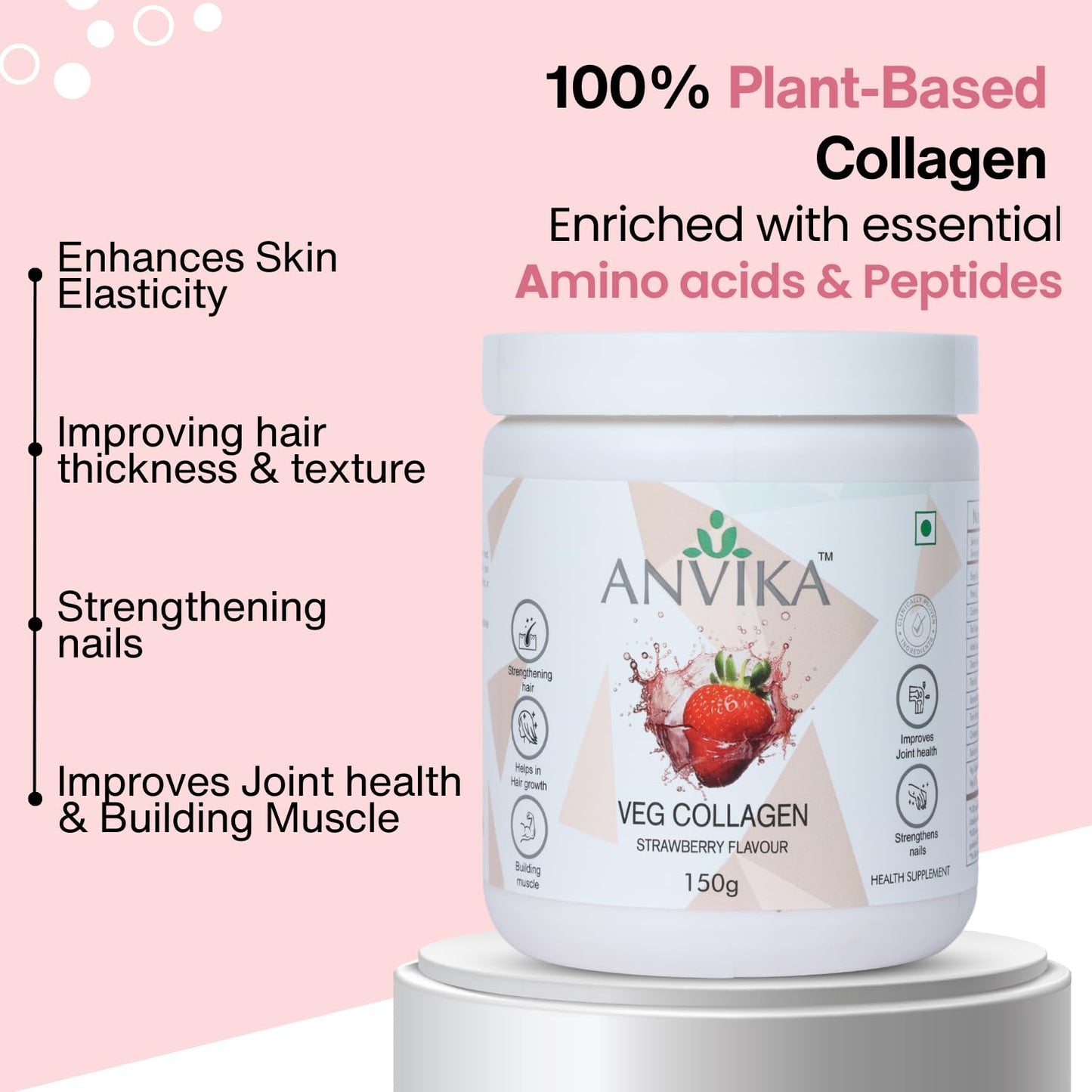 Anvika Veg Collagen Powder | Plant-Based Collagen Builder for Hair, Skin & Nails | Strawberry Flavor | 150g | Supports Skin Elasticity | Hair Growth & Joint Health