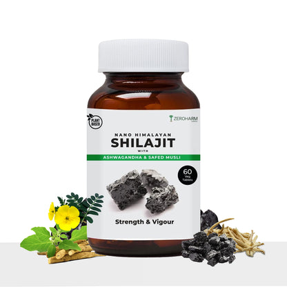 ZEROHARM Nano Himalayan Shilajit With Ashwagandha, Safed Musli & Goksura 60 Veg Tablets, Energy Booster, Stamina, Vigour, Endurance & Performance supplements