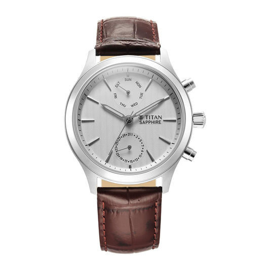 Titan Sapphire Multifunction Quartz Analog with Day and Date White Dial Leather