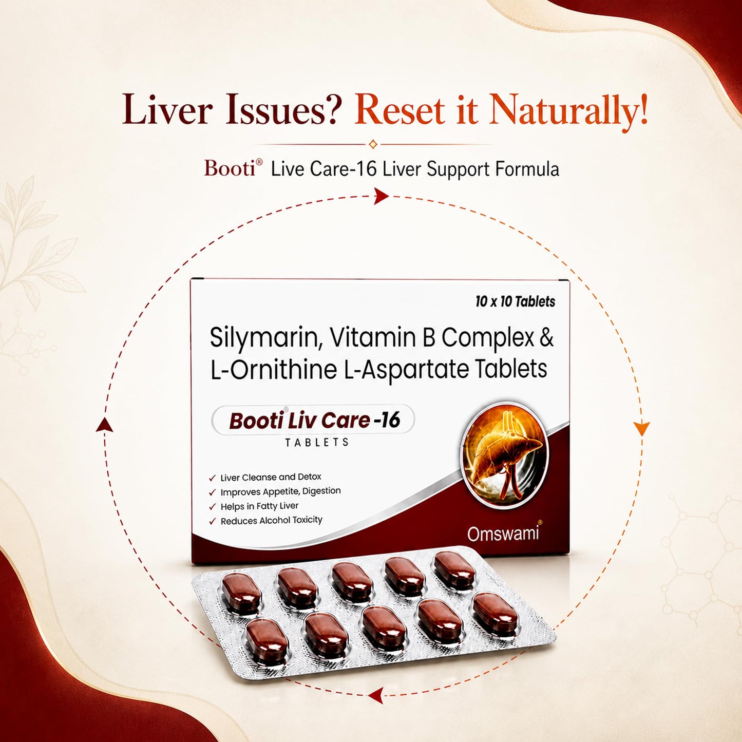 Om Swami Booti Liv Care-16 Tablets(Pack of 4) Silymarin, Vitamin B Complex & L-Ornithine L-Aspartate, Liver Cleanse and Detox, (10 Tablet in 1 pack).