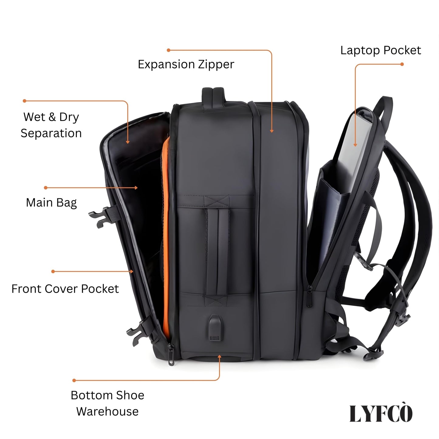 LYFCO Expandable Travel Backpack - Black | For Men & Women | Large Capacity Laptop Bag | Waterproof Oxford Fabric | Shoe Compartment, Wet-Dry Separation & USB Charging | Business & Travel Backpack