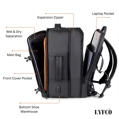 LYFCO Expandable Travel Backpack - Black | For Men & Women | Large Capacity Laptop Bag | Waterproof Oxford Fabric | Shoe Compartment, Wet-Dry Separation & USB Charging | Business & Travel Backpack