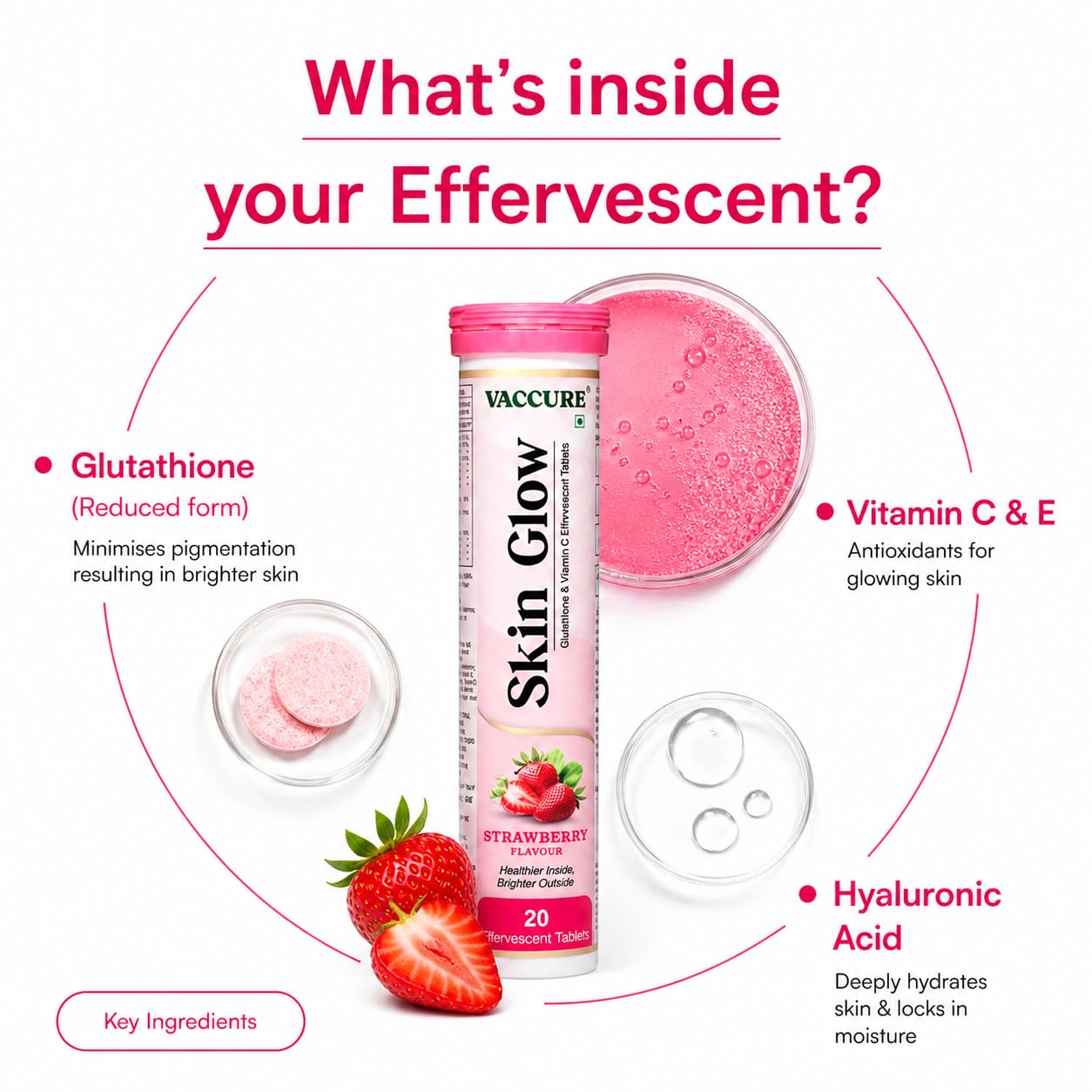 VACCURE Skin Glow Effervescent Tablets - Glutathione & Vitamin C for Skin Brightening & Antioxidant Support - 20 Tablets - Delicious Strawberry Flavor