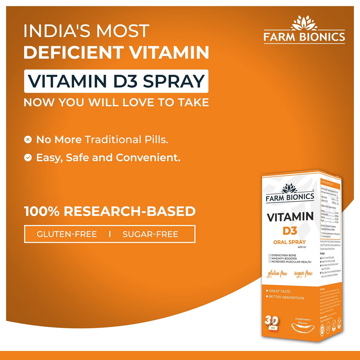 FARM BIONICS Vitamin D3 400 Iu Spray Supplement, 30Ml | Vitamin D3 Booster Oral Spray | 100% Vegetarian | Sugar And Gluten Free | Immunity Booster Spray For Men And Women (Muskmelon)