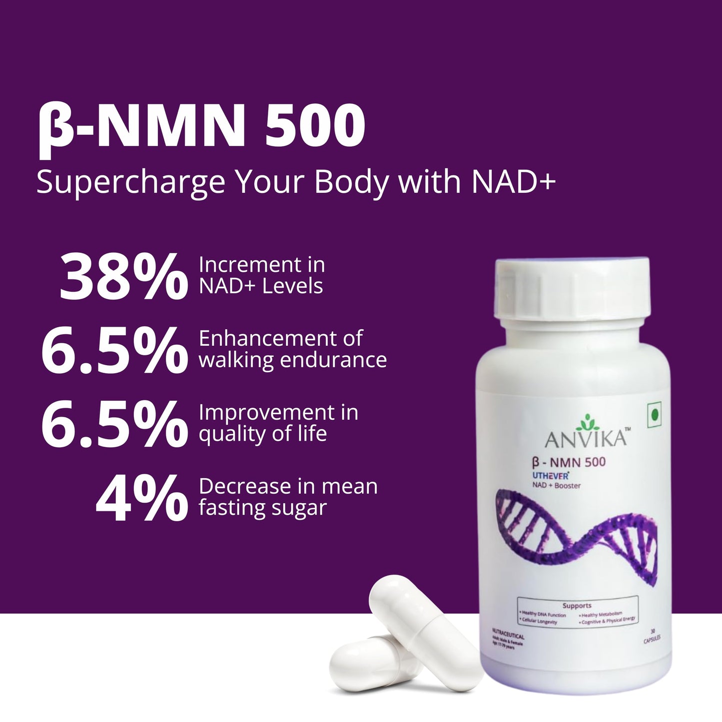Anvika NMN Supplement, 99.9% Pure Beta NMN, NAD+ Booster for Energy, Cellular Repair & Skin Health 500 mg, 30 Veg Capsules for Men & Women, Focus, Cellular Health and Metabolism