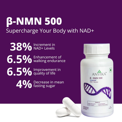 Anvika NMN Supplement, 99.9% Pure Beta NMN, NAD+ Booster for Energy, Cellular Repair & Skin Health 500 mg, 30 Veg Capsules for Men & Women, Focus, Cellular Health and Metabolism