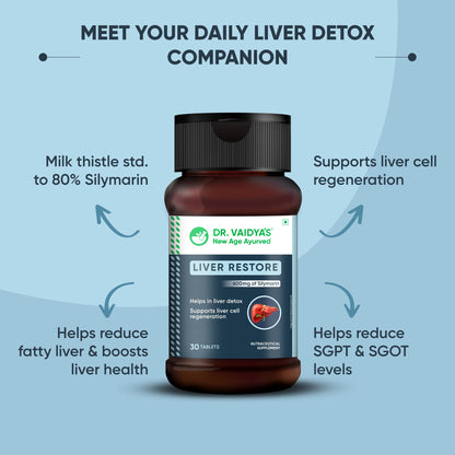 Dr. Vaidya’s Liver Restore Tablets with Milk Thistle and Dandelion | 600mg Silymarin | Ayurvedic Liver Detox & Care Supplement | Supports Liver Health, Cleansing, Digestion & Metabolism | 30 Tablets, Pack of 1