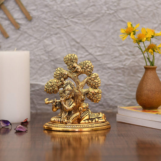 Collectible India Metal Krishna Idols with Cow Sitting Showpiece - Flute Playing