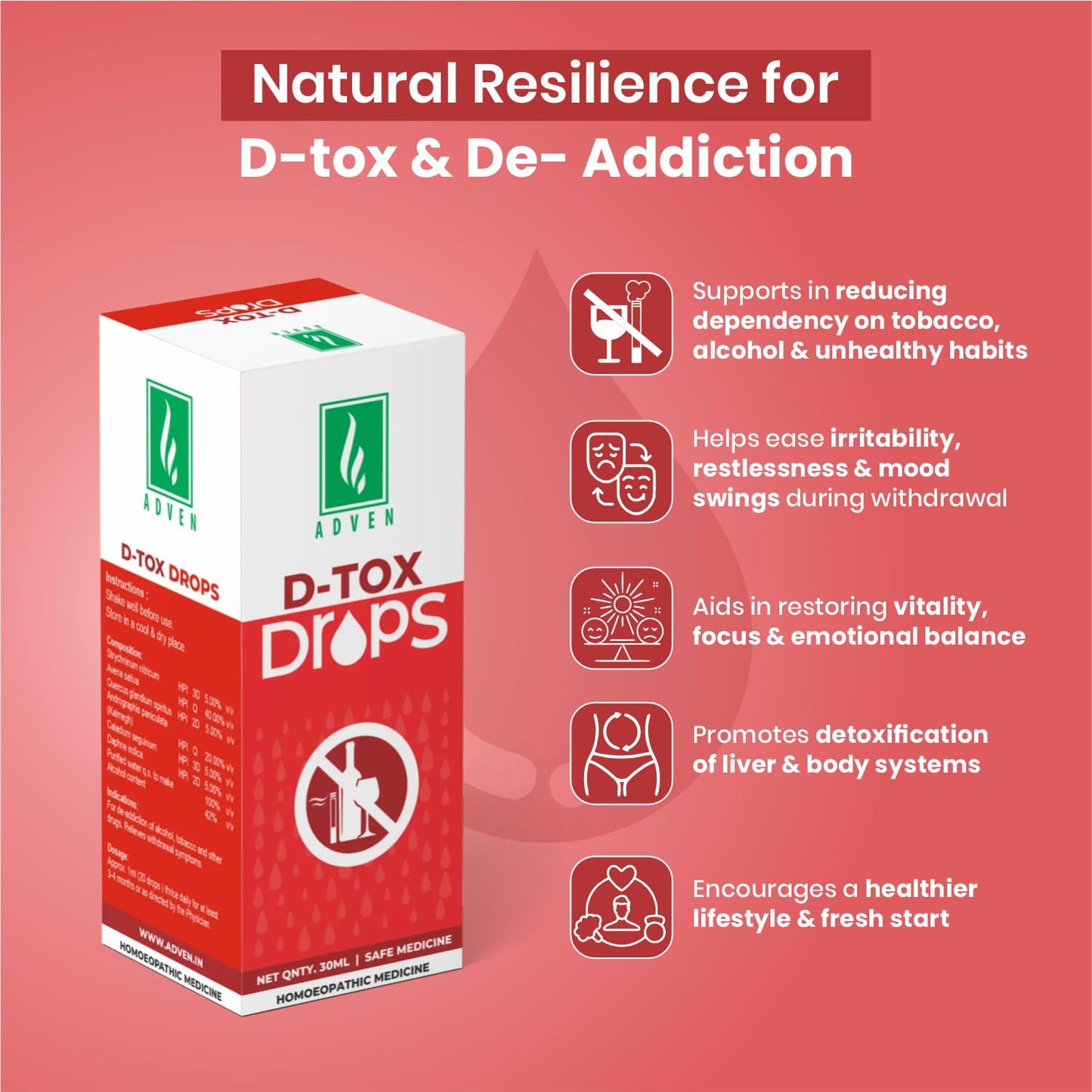 Adven D-Tox Drops | Herbal Formula Supporting Tobacco & Alcohol Withdrawal | With Avena Sativa, Kalmegh & Quercus Gland Spirit | D-tox Support | 2x30ml