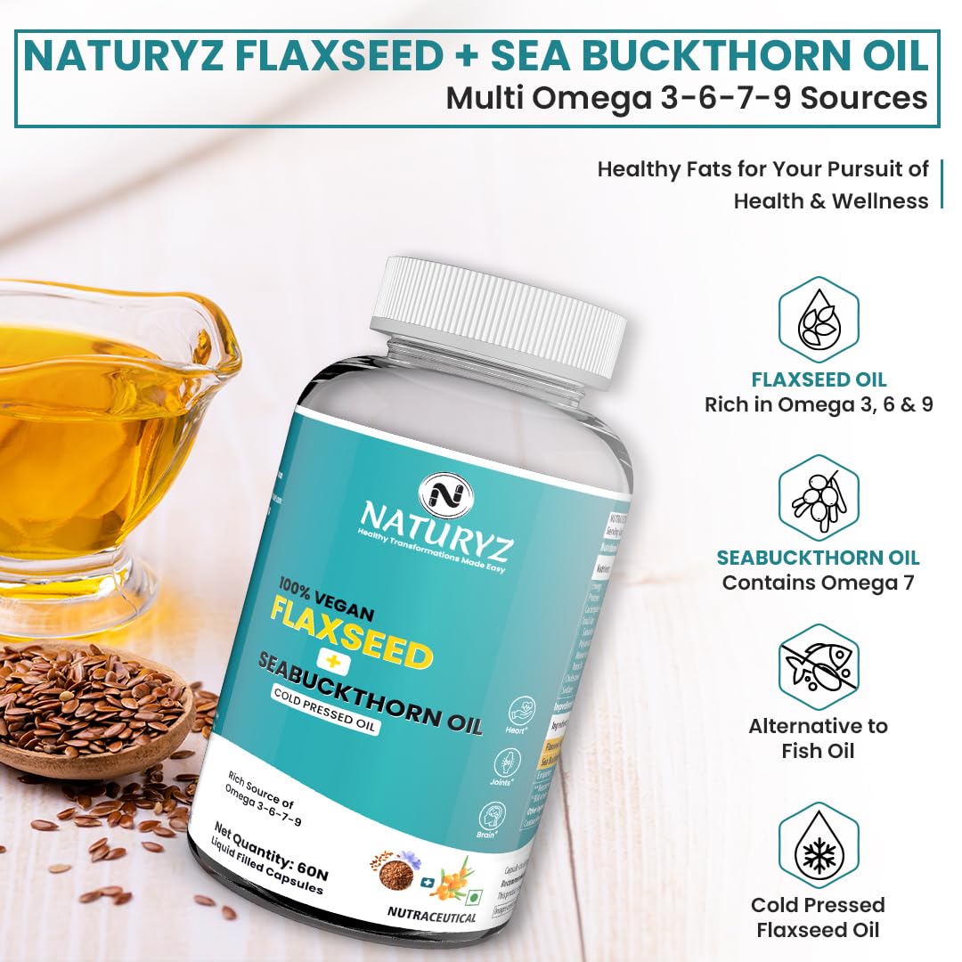 Naturyz Vegetarian Omega 3 Flaxseed + Sea buckthorn Oil Capsules 1120mg | Extra Virgin Cold Pressed Oil supplement with Omega 3, 6, 7 & 9 | Supports Healthy Heart, Skin, Brain & Gut | Plant source| Pack of 60