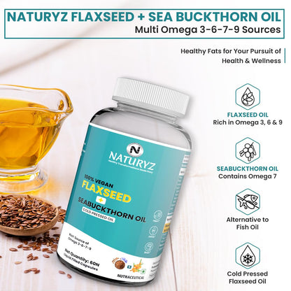 Naturyz Vegetarian Omega 3 Flaxseed + Sea buckthorn Oil Capsules 1120mg | Extra Virgin Cold Pressed Oil supplement with Omega 3, 6, 7 & 9 | Supports Healthy Heart, Skin, Brain & Gut | Plant source| Pack of 60