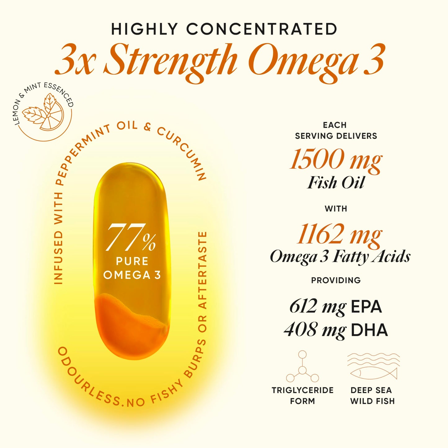 Wellbeing Nutrition Slow 3x Strength Omega 3 Fish Oil Capsules | 1500mg with EPA 612mg, DHA 408mg & Curcumin for Men & Women | No Fishy Burp | For Brain, Heart, & Joint Health, 60 Softgels