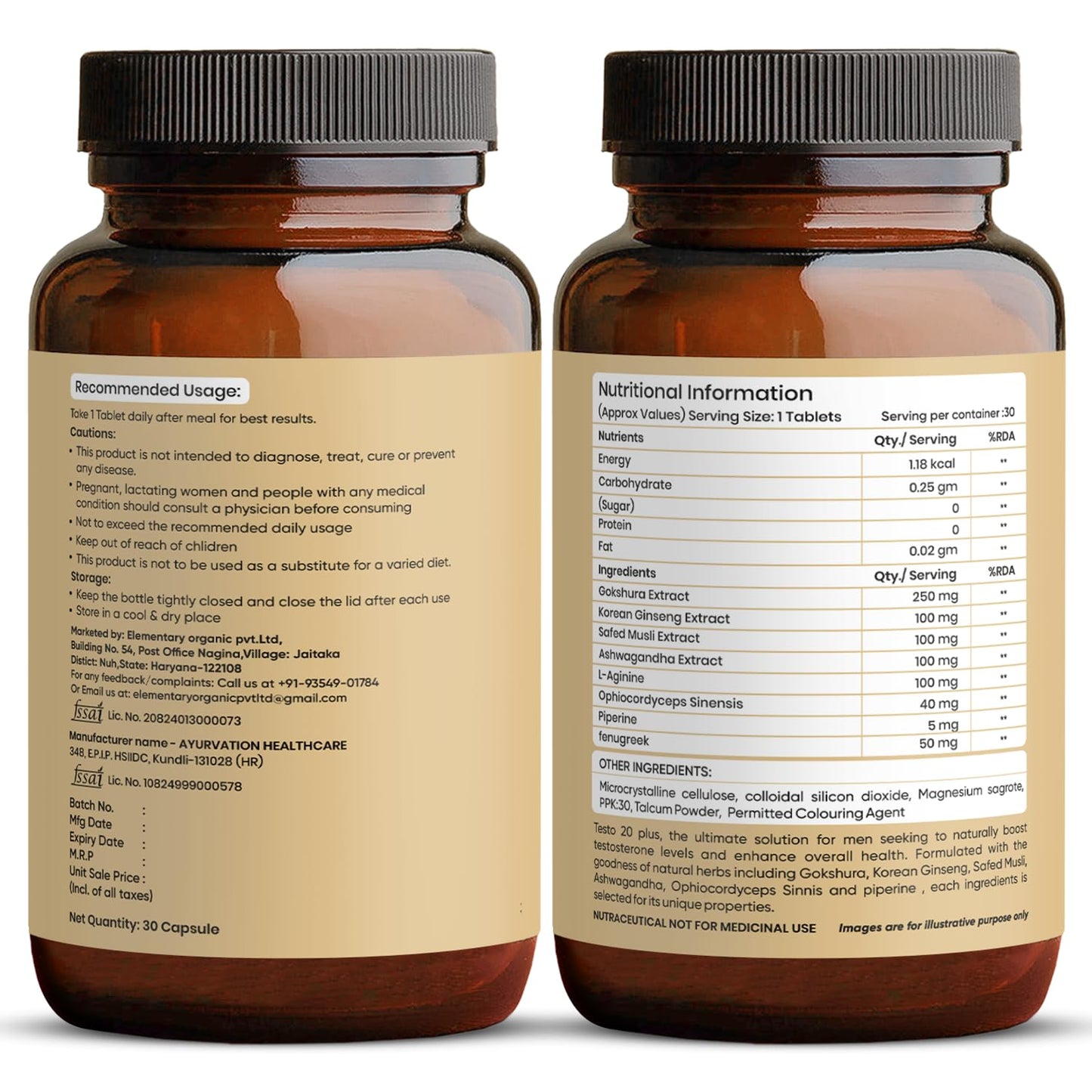 Elementary Organics Testo 20 Plus Supplement with Gokshura, Safed Musli, L-Arginine, Ashwagandha | Strength | Stamina | Performance | Energy – 30 Veg Tablets