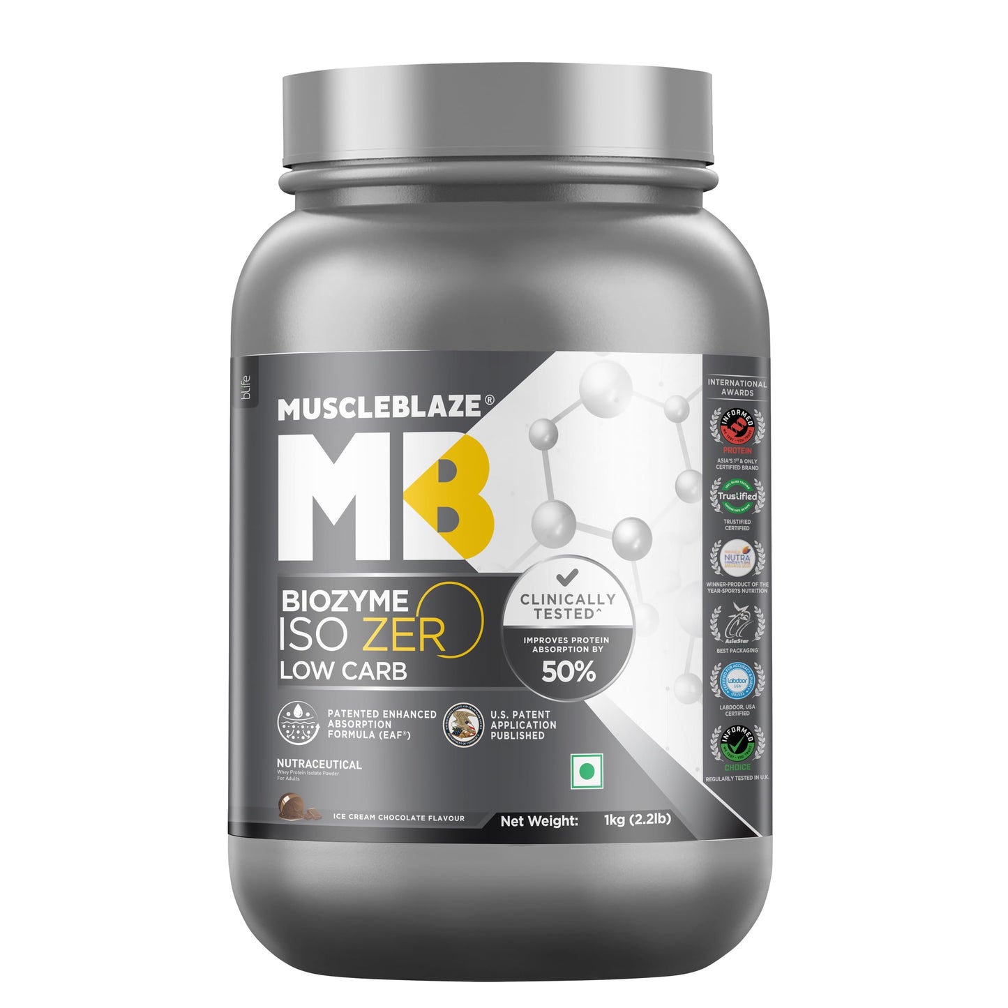 MuscleBlaze Biozyme Iso-Zero, Low Carb Whey Protein Isolate Powder, 27g Isolate