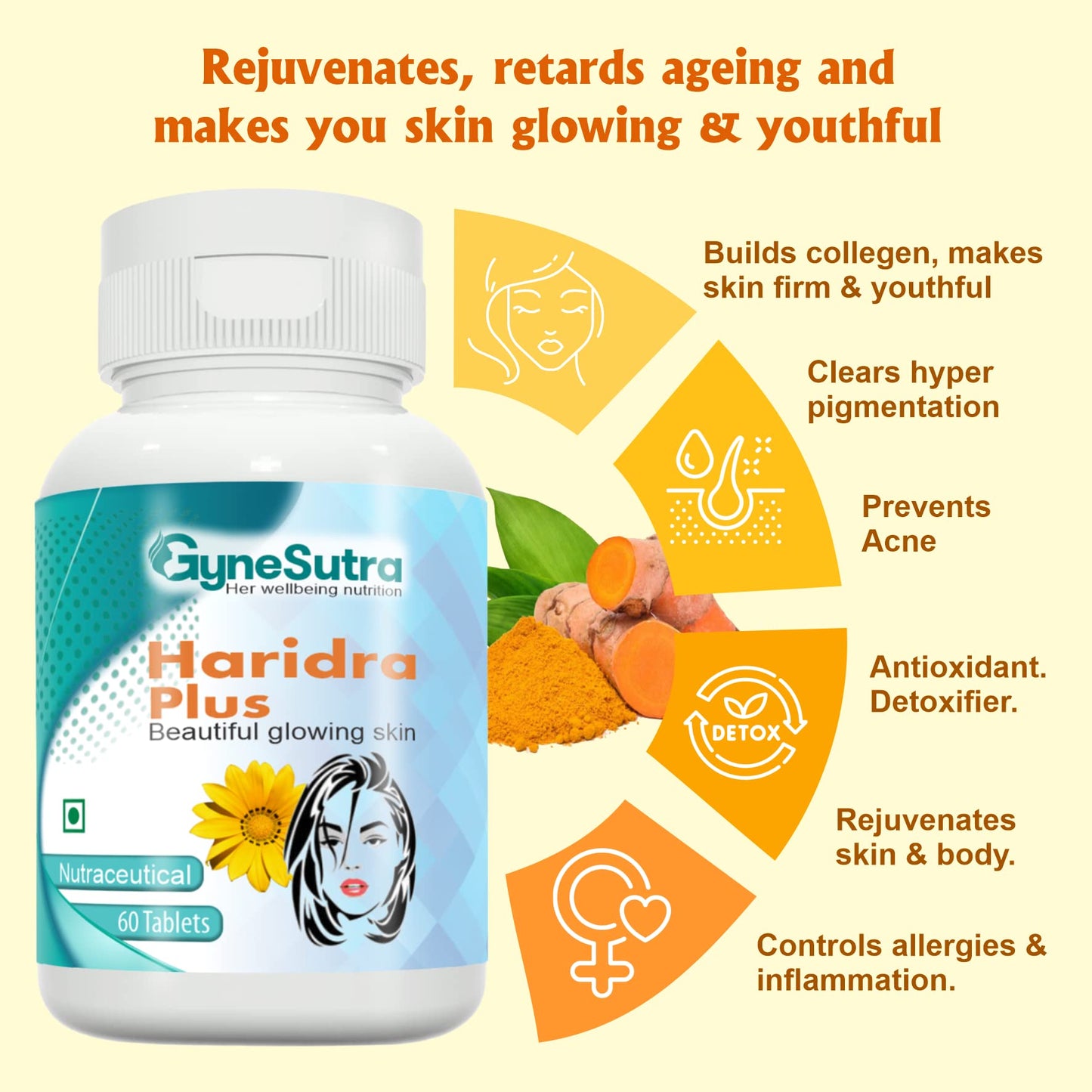 GYNESUTRA Haridra Plus for pigmentation,dark spots | Natural Glutathione Builder | beautiful glowing skin care with Turmeric extract,Manjistha and Banslochan |60 veg tablets