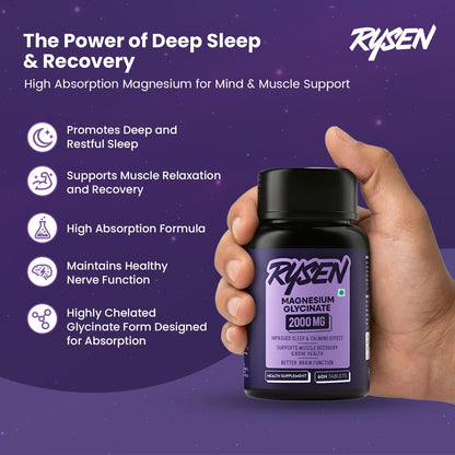 RYSEN Magnesium Glycinate 2000mg (60 Vegan Tablets) | 440mg Elemental Magnesium | High Absorption Chelated Supplement for Sleep, Stress Relief, Muscle Recovery & Calm Mind | Lab Tested For Men & Women