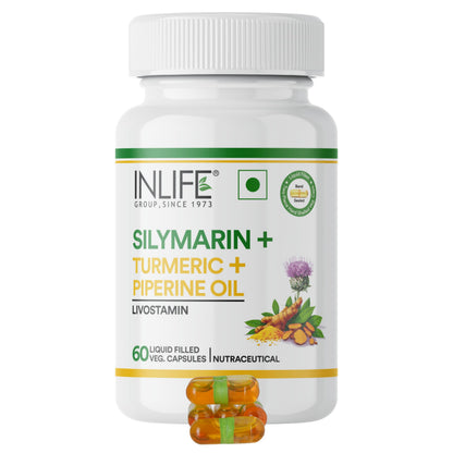 INLIFE Silymarin Oil Capsules 200 mg with Turmeric & Piperine | For Men & Women | 60 Vegetarian Capsules