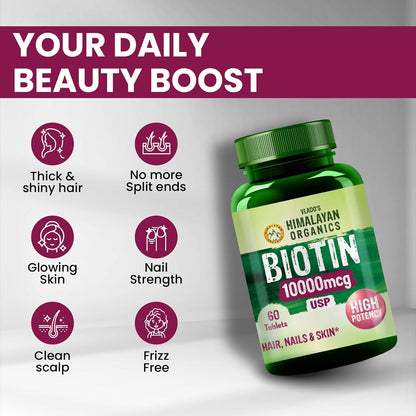 Vlado's Himalayan Organics Biotin 10000mcg – Pharma Grade Biotin Supplement for Hair Growth, Glowing Skin & Strong Nails – 60 Tablets | Supports Healthy Hair, Fights Hair Fall & Nail Brittleness | For Men & Women