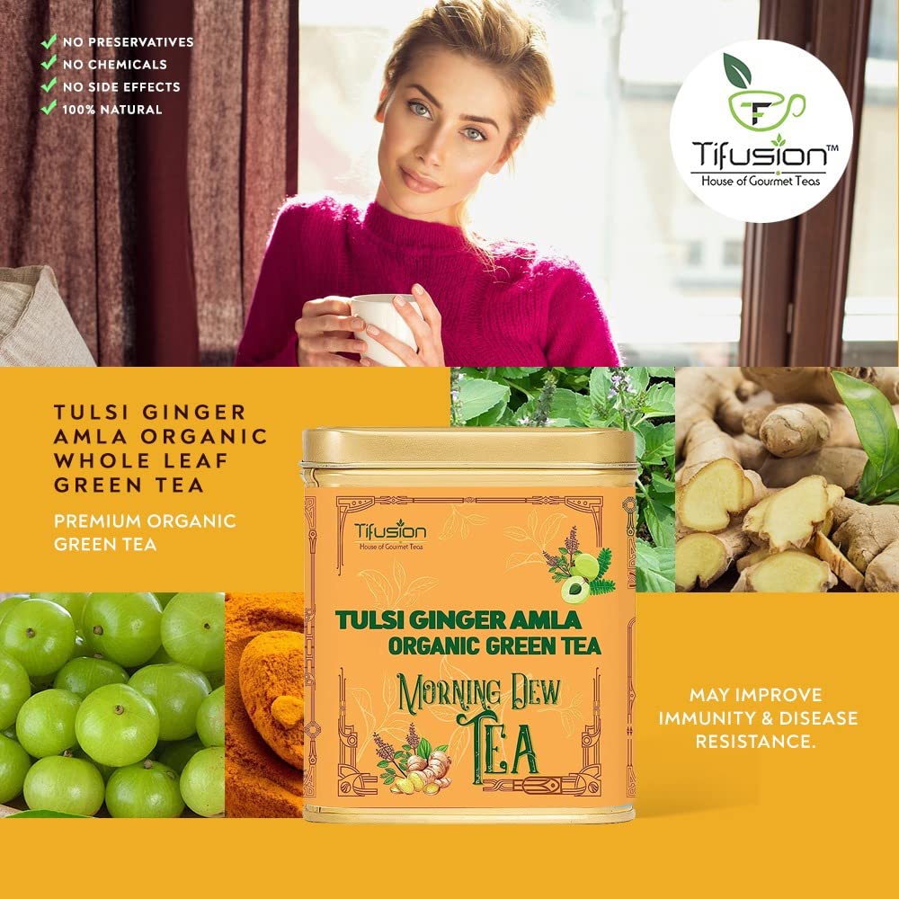 Tifusion Tulsi Ginger Amla Organic Green Tea For Cough Cold Sore Throat Digestion Darjeeling Herbal Organic Whole Leaf Chai Immunity Booster Tea (20 Tea Bag, 20 Serving Cups)