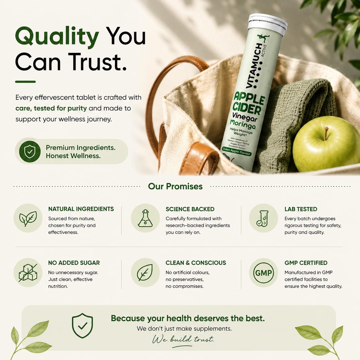 Vitamuch ACV Moringa Effervescent Tablets for Weight Management | Apple Cider Vinegar, Moringa & Green Tea Blend | Supports Metabolism, Craving Control & Energy | Green Apple Flavour (15 Tablets)