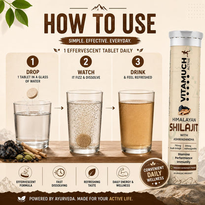Vitamuch Shilajit Effervescent Tablets with Ashwagandha Gokshura Safed Musli | Cardamom Flavour | Daily Wellness Drink Tablets | 30 Tablets Pack of 2