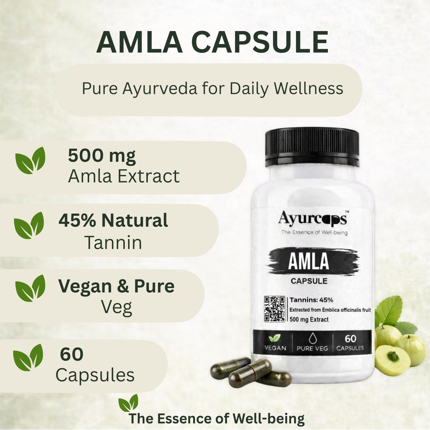 Ayurcaps Amla Capsules 500mg (60 Veg Capsules) | Ayurvedic Amla Supplement | Natural Source Of Vitamin C | Immune And Antioxidant Support | Hair And Skin Support (Pack of 1)