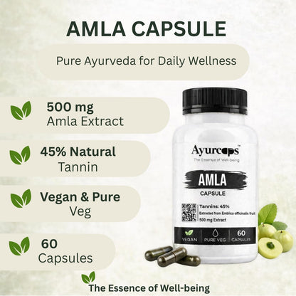 Ayurcaps Amla Capsules 500mg (60 Veg Capsules) | Ayurvedic Amla Supplement | Natural Source Of Vitamin C | Immune And Antioxidant Support | Hair And Skin Support (Pack of 1)