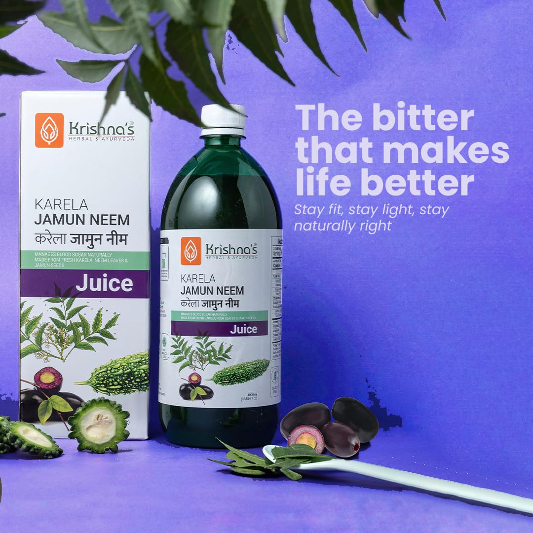 Krishna's Karela Jamun Neem Juice - 1000 ml | Blend Of Fresh Karela, Neem Juice & Jamun Seeds Ayurvedic Solution For Balancing Sugar Levels - (Pack of 2)