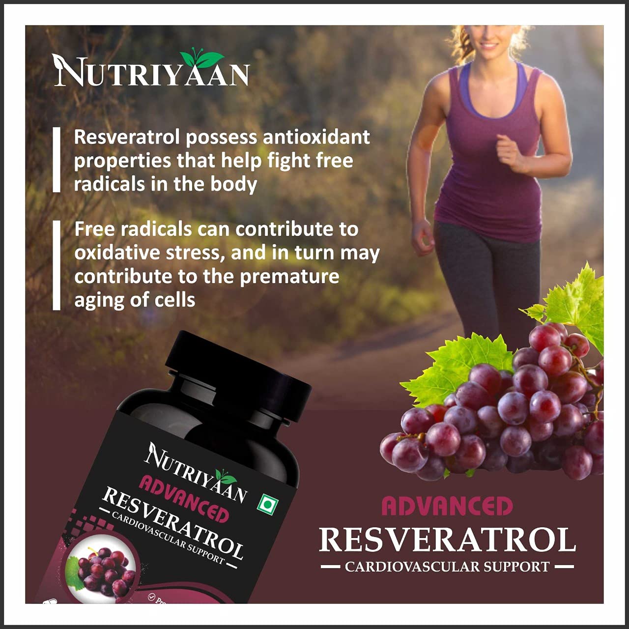 Nutriyaan Advanced Resveratrol For Glowing Skin And A Radiant Heart (500mg, 60 Veg Capsules)