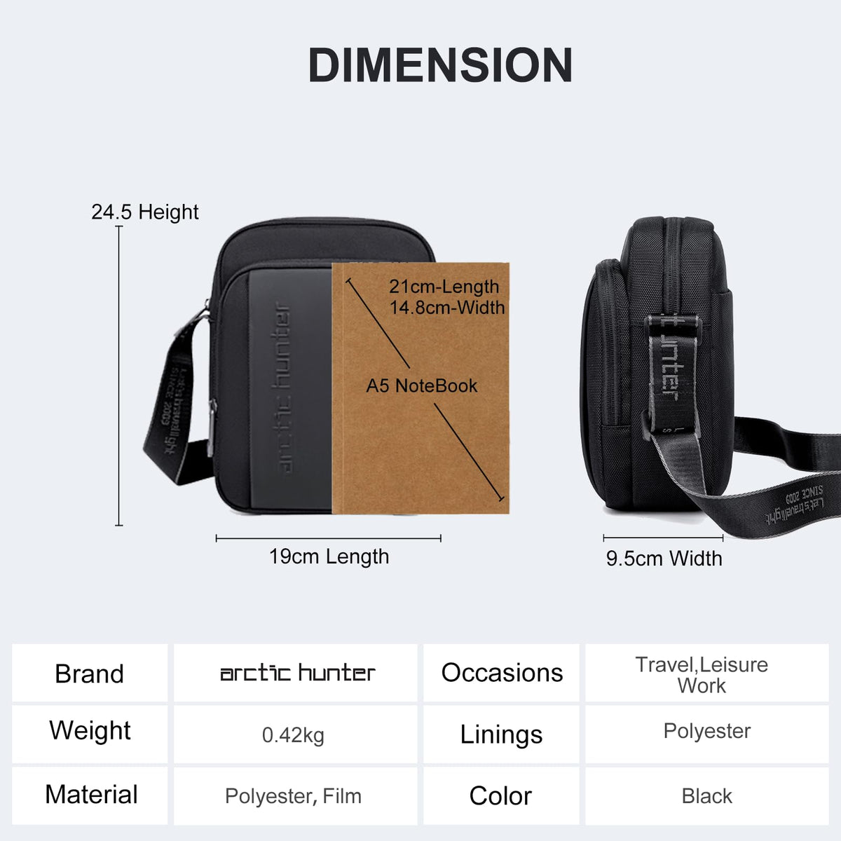 Arctic Hunter Small Sling Bag for Men Office Side Bag for 8.3" iPad Pocket A5 Size Water-resistant 1680D Polyester Messenger Shoulder Bag for Men Cross Bag for Travel Casual, Blue (Black)