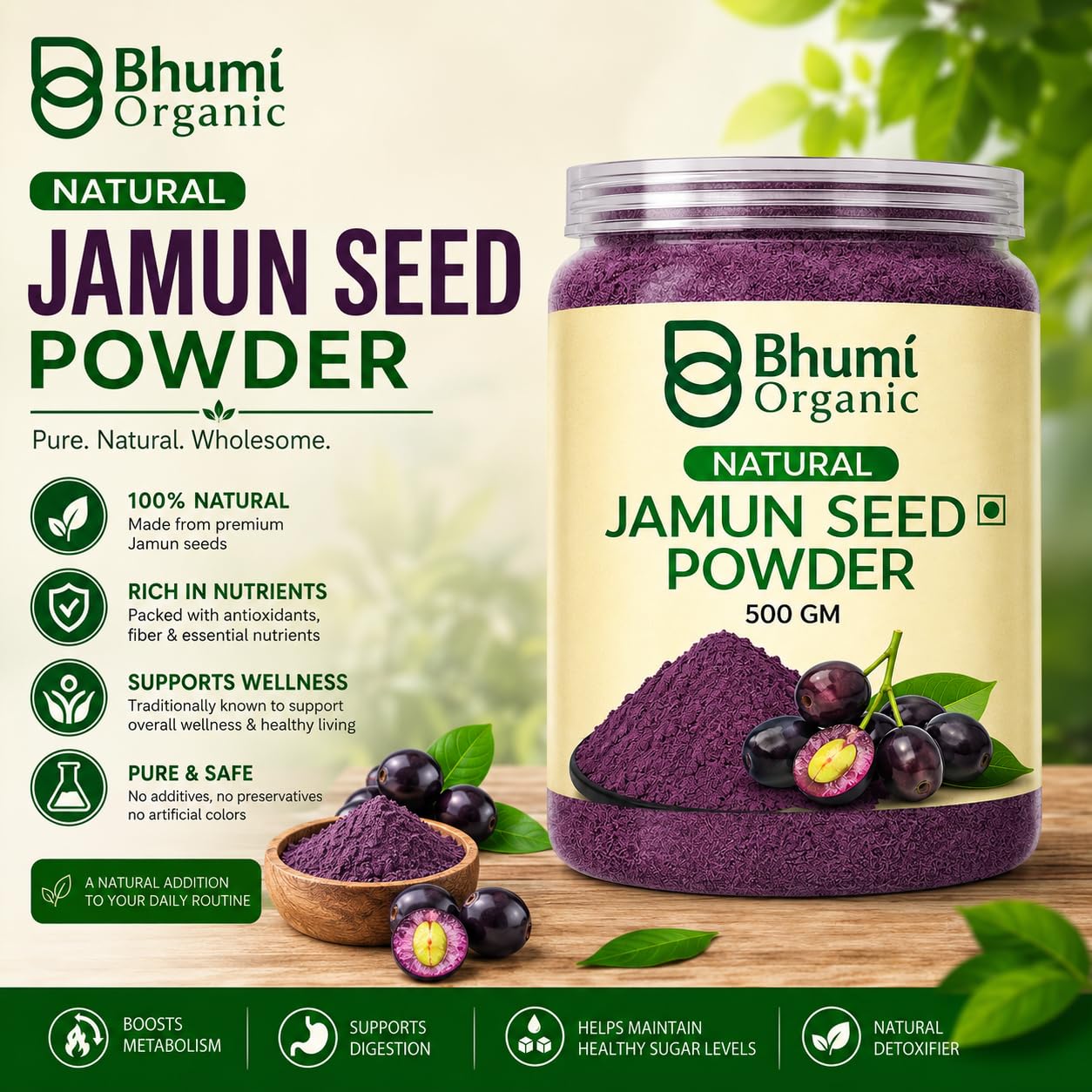 Bhumi Organic Ayurveda Jamun Seed Powder for Diabetes - 500 Grams - Pure Natural Herbal Supplement