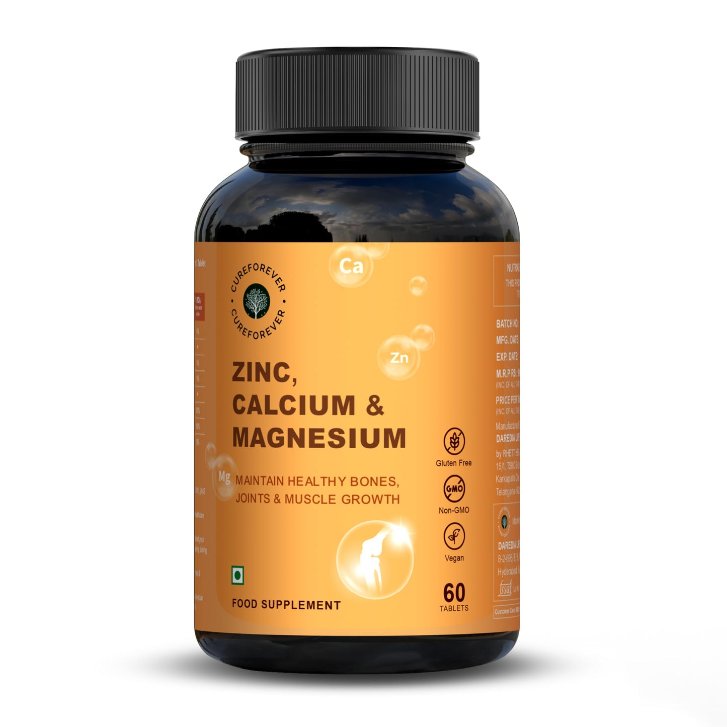 CUREFOREVER Calcium Magnesium Zinc Tablets – 60 Tablets, For - Bones, Skin, Hair & Nails - Premium Mineral Complex for Men & Women