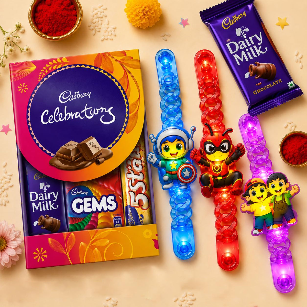 TIED RIBBONS Rakhi for Kids with Chocolates Gift Pack - Set of 3 Premium Kids Lights Rakhi with Cadbury Celebrations Chocolates Gift Pack Roli Chawal Greeting Card, 250 Grams