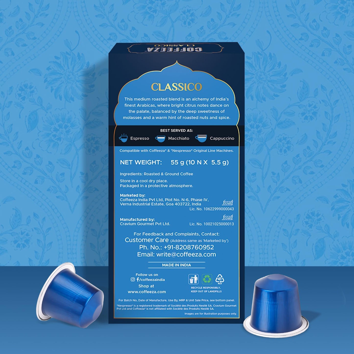 Coffeeza Classico Aluminium Coffee Capsules, Intensity - 6 |100% Arabica | Original Line Compatible Coffee Pods | Box of 1 (10 Capsules)